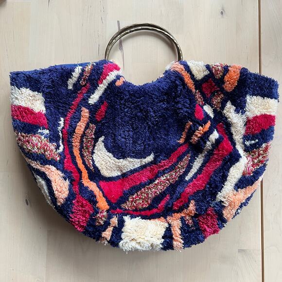 Anthropologie Textured Fringe Statement Tote Bag with Circle Handles - Picture 1 of 3